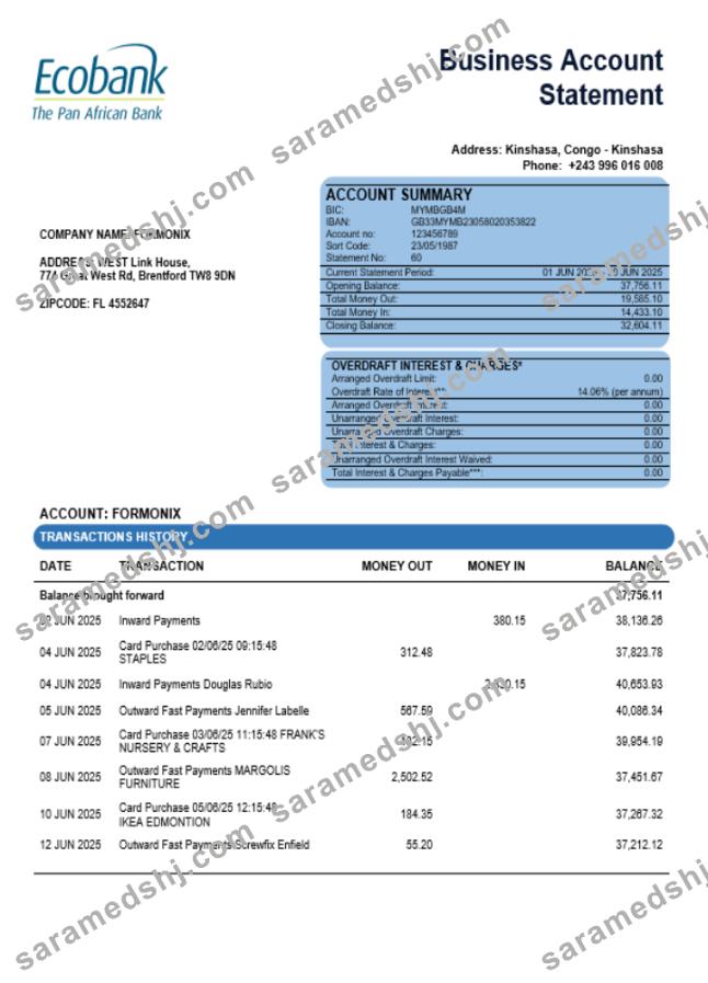 Congo Ecobank firm account statement Word and PDF template